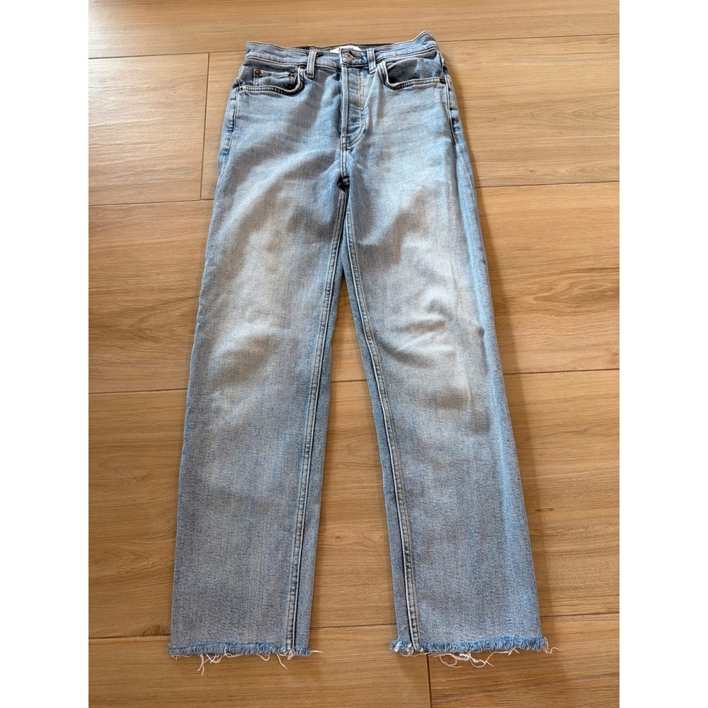 RE/DONE 70s Stove‎ Pipe High Rise Straight Leg Jeans Light Wash Raw Hem Size 25